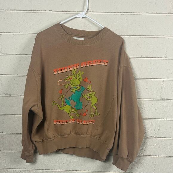 URBAN OUTFITTERS Sweatshirt 
Brown Think Green Frogs Earth Day size Small - Picture 2 of 9